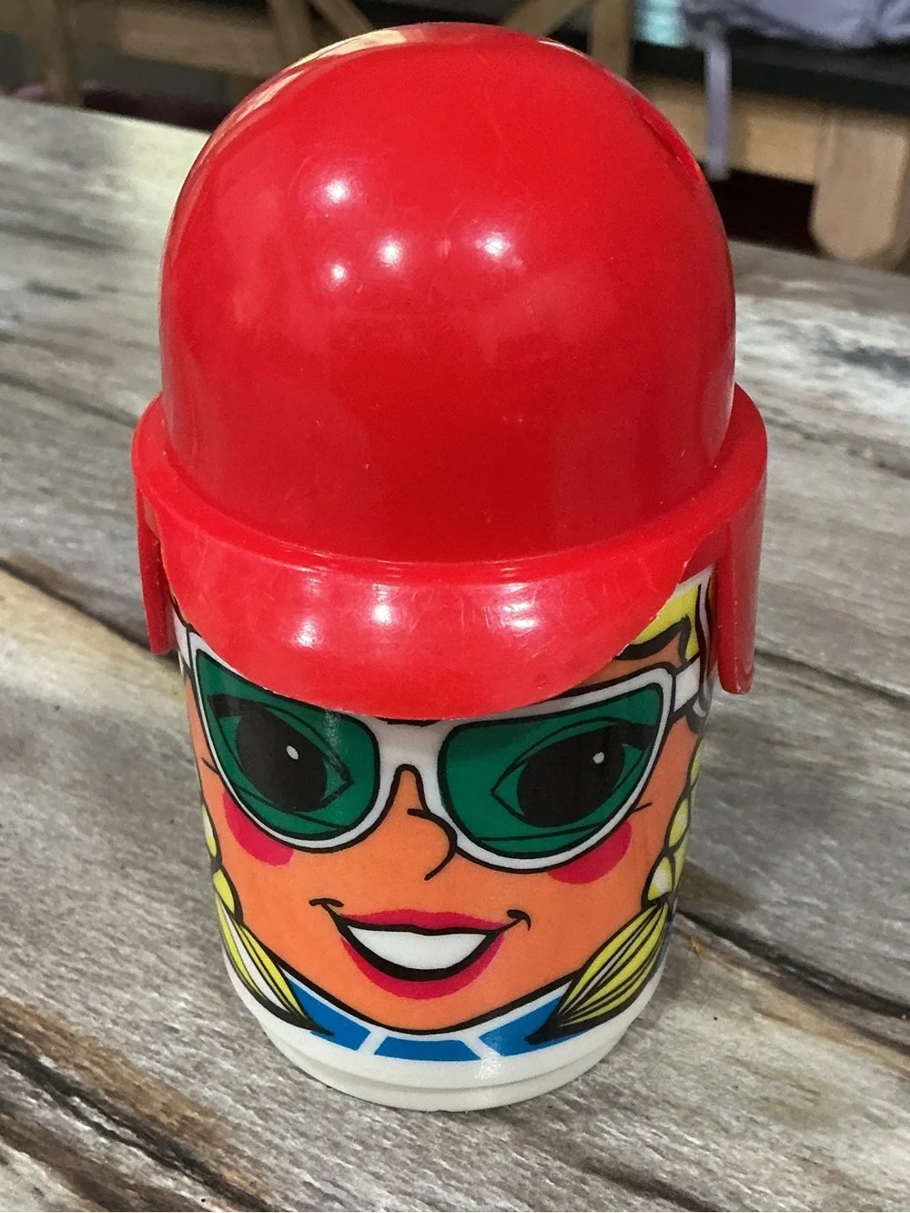 Vintage 1970s Deka Novelty Cup Mug Girl Sunglasses Red Baseball Hat Lid
